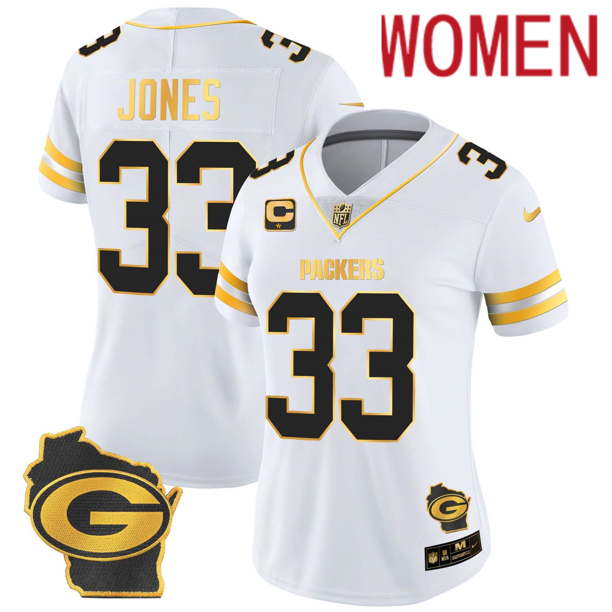 Women Green Bay Packers #33 Jones White Gold 2024 Nike Home Patch Vapor NFL Jersey->customized nfl jersey->Custom Jersey